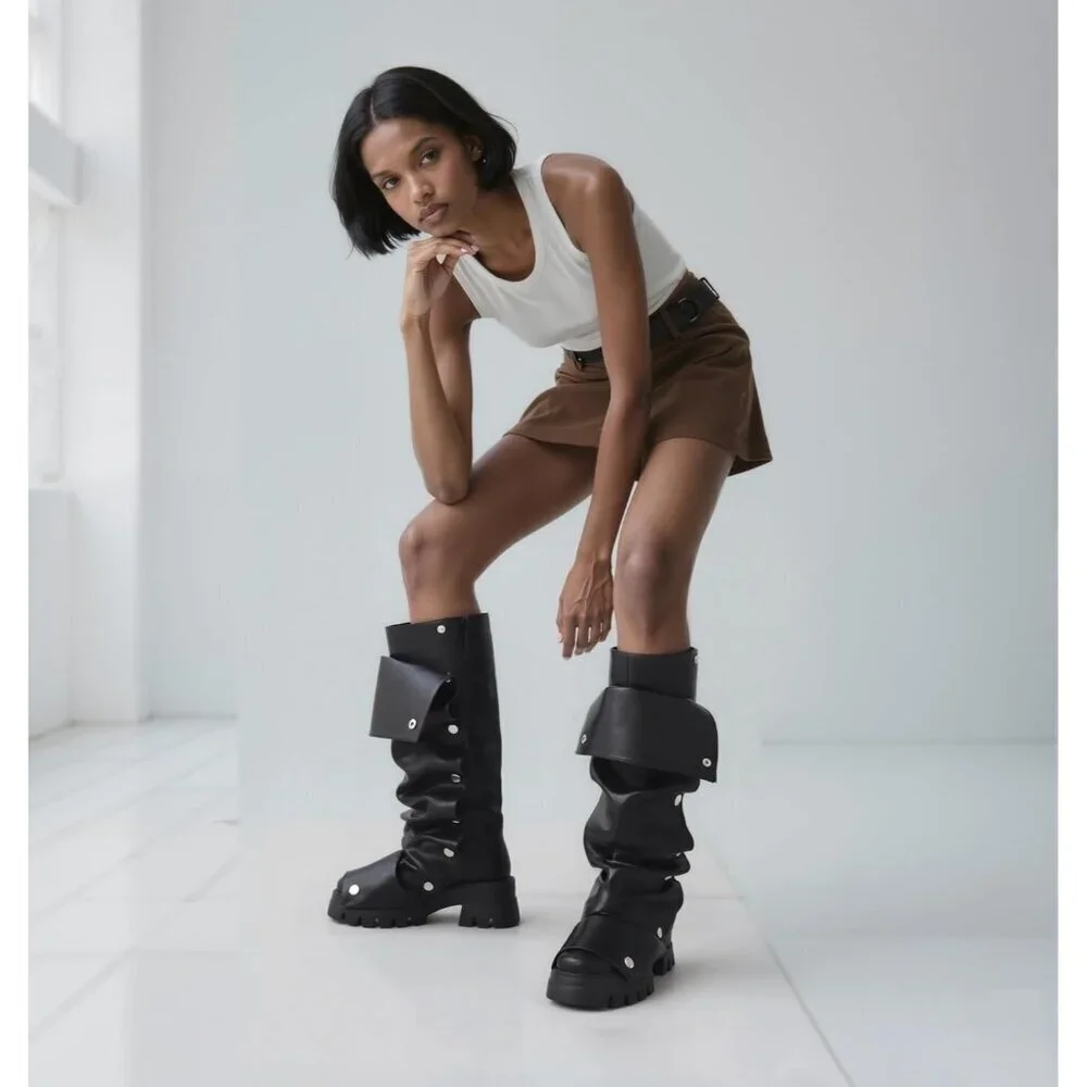 Women's Black Pu Fold Over Knee Slouchy Ruched Stacked Heel Round Toe Boots